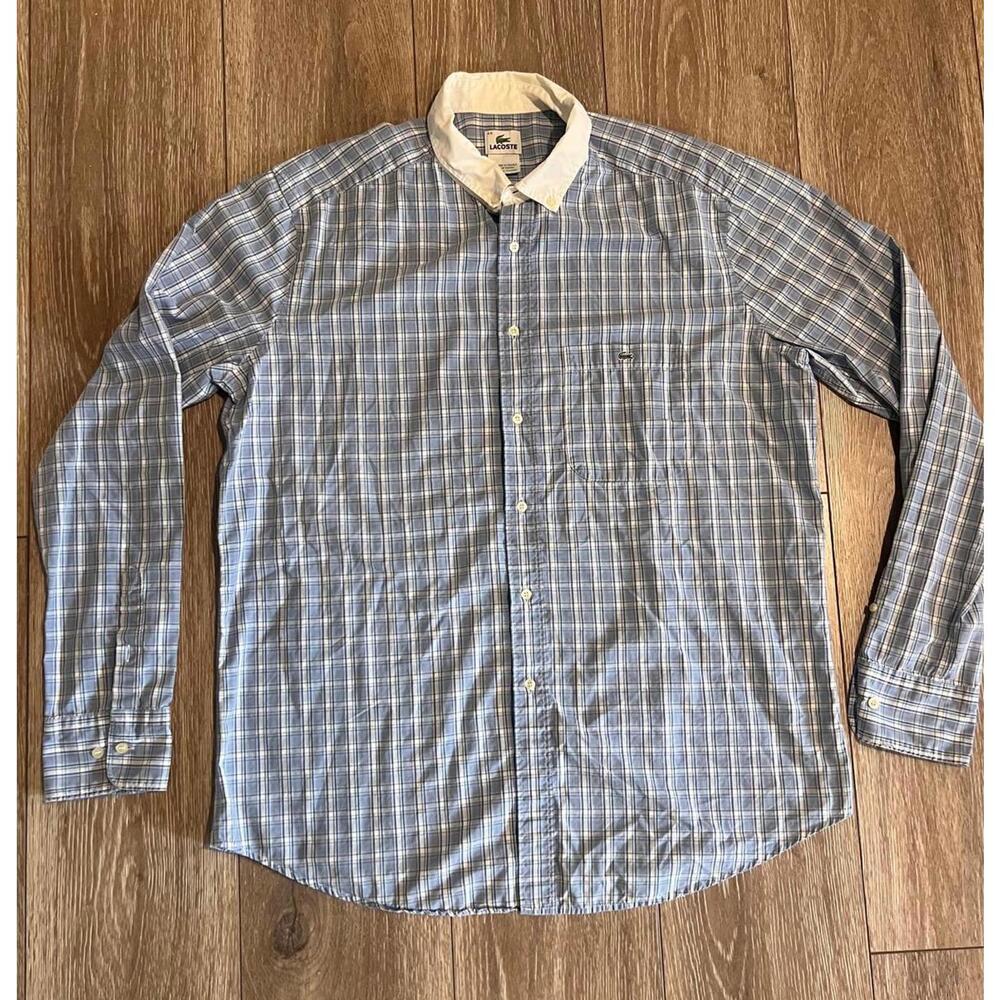 Lacoste Men's Blue Plaid Button-Up Shirt with White Collar, XL (Euro 44)